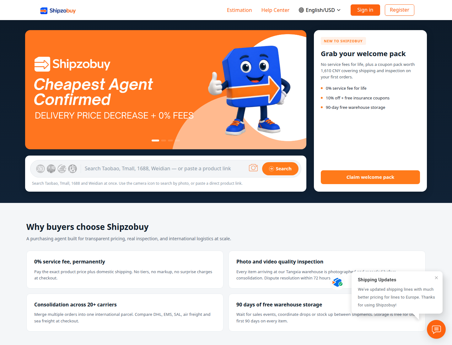 Official Shipzobuy homepage Welcome Pack and 90-day storage